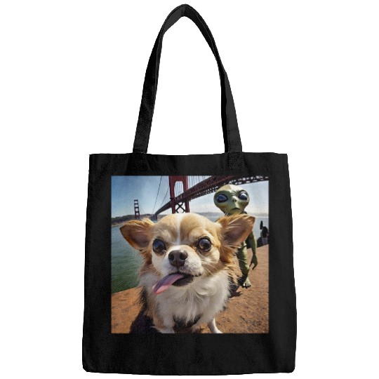 Chihuahua Pet selfie UFO alien Golden Gate Bridge dog dad mom Bags
