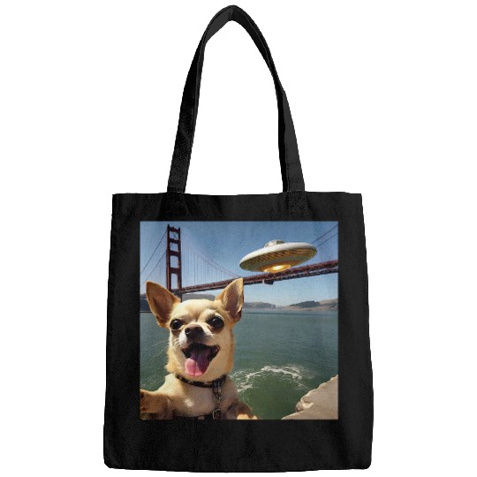 Chihuahua Pet selfie with UFO alien Golden Gate Bridge dog dad Bags