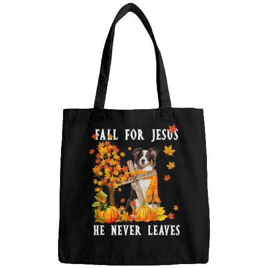 Australian Shepherd Pet Christian Jesus Christ Christian Fall for Jesus He Never Leaves Bags