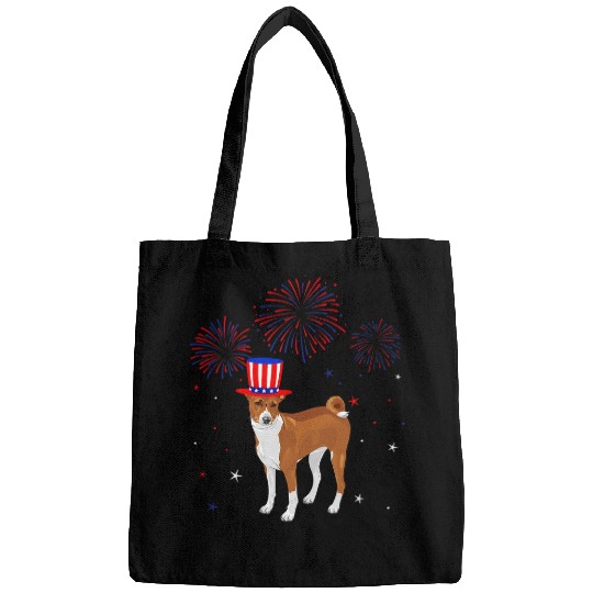 Basenji Pet Dog Basenji Red White Blue Fireworks Decor 4th Of July Bags