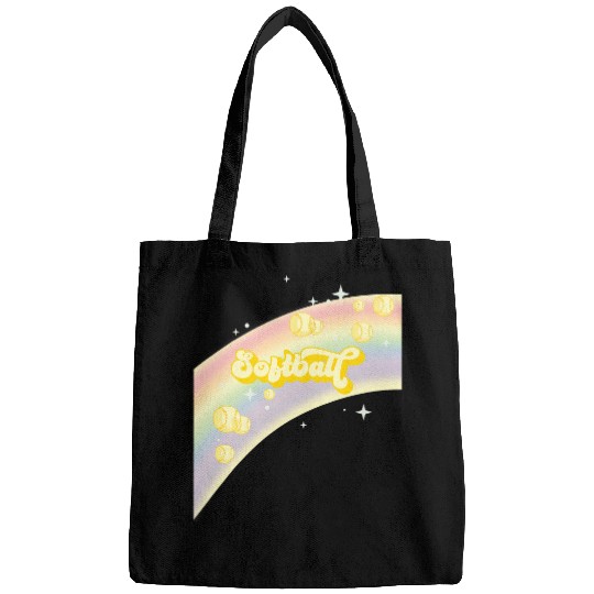 Sport Softball I Love Softball Pastel Rainbow Stars Aesthetic and Yellow Bags