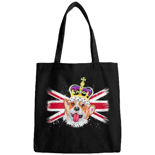 Corgi Pet Happy Corgi Wearing Crown on Union Jack A Cool British Flag Bags