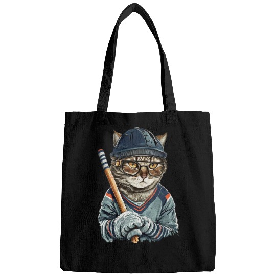 Sport Hockey Cat vintages Retro Cat Playing Hockey Hockey Stick Kitties Love 2 Bags