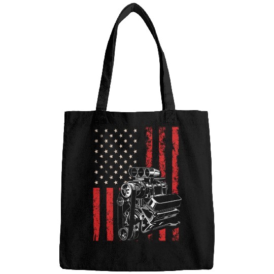 Discover vintages Muscle Car Piston USA Flag for Patriotic Mechanic Bags