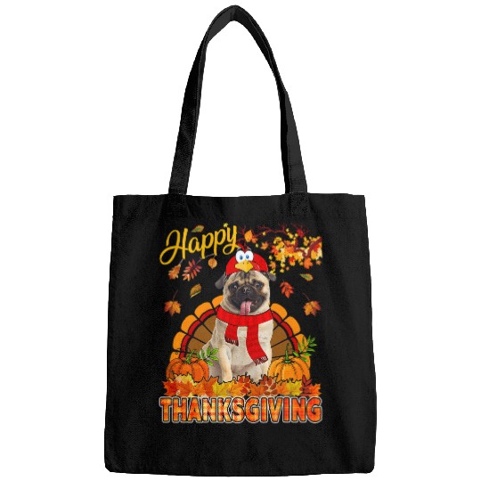 Pug Pet Happy Thanksgiving Pug Wearing Turkey Costume Fall Leaves Bags