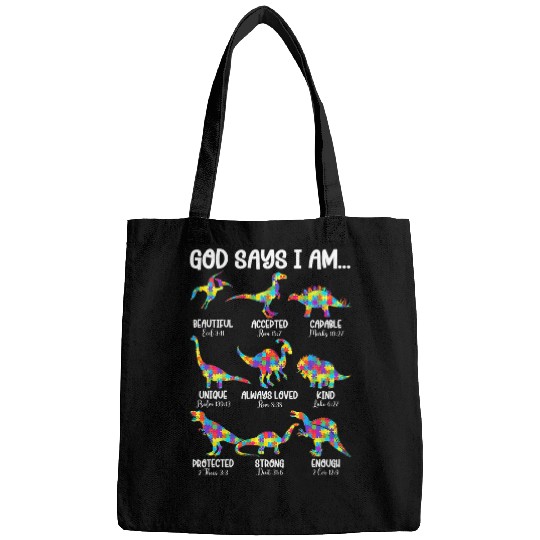 Autism Puzzle Dino Christian I am Bible Verses Christian Dinosaur Bags