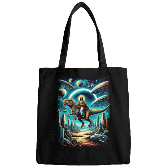 Dinosaur Pet Jesus Riding Space TRex Dinosaur Meme UFO SciFi Believers Bags