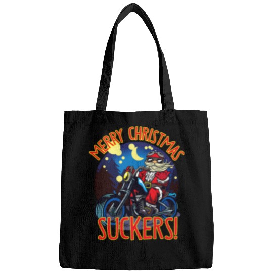 Merry Christmas suckers bad santa on a motorcycle funny Bags