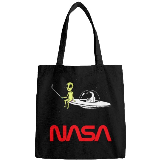 Aliens UFO NASA Astronaut Selfie with Alien Worm Logo Bags