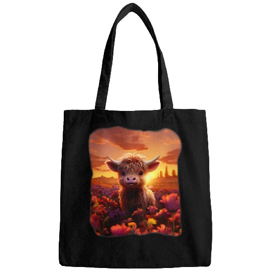 Cow Pet Baby Highland Cow in a Field of Flowers Sunset Bags