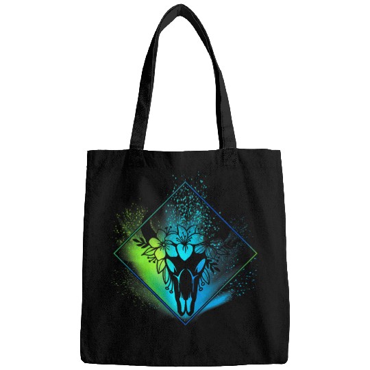 Cow Pet Boho Cow Skull Flowers Diamond Green and Blue Splatter Bags