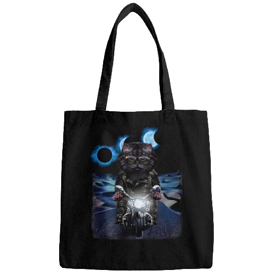 Black Tabby Cat Riding Motorcycle Cruising Desert Eclipse Bags