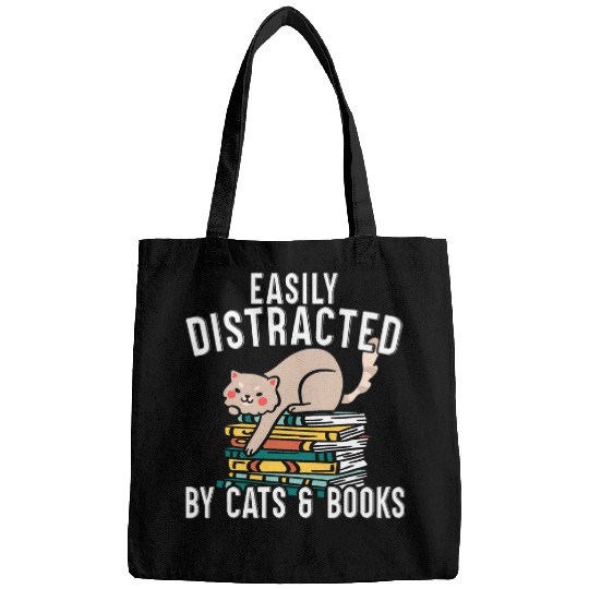 Book Fun Easily Distracted By Cats And Books Literature Lover Kitty 1 Bags