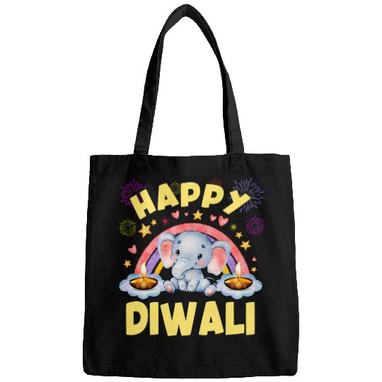Elephant Mammal Happy Diwali Cute elephant with Candle Lights for kids Bags
