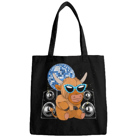 Cow Pet Party Animal Music Player Disco Funny Scottish Highland Cow Bags