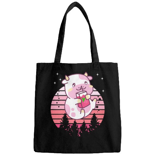 Cow Pet Strawberry Cow Drinking Milk Retro Sunset Men Women Kids Bags