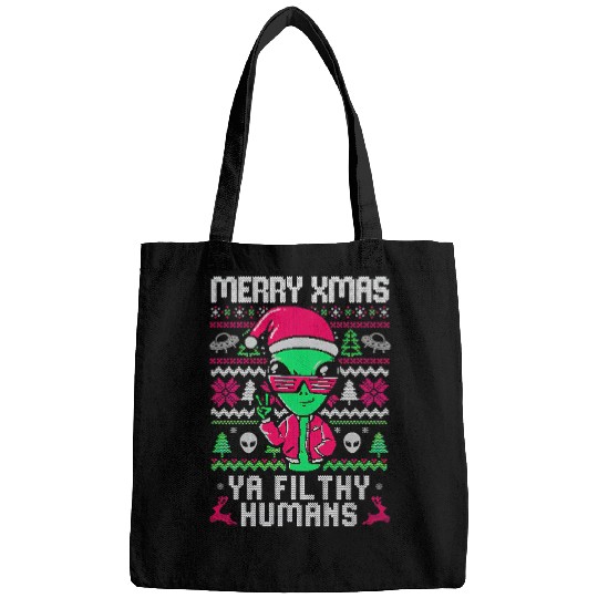 Aliens UFO Ugly Christmas Sweater Merry Christmas Ya Filthy Human Bags