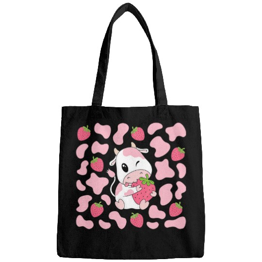 Cow Pet Cute Pink Strawberry Cow Print Kawaii Aesthetic Pattern Bags