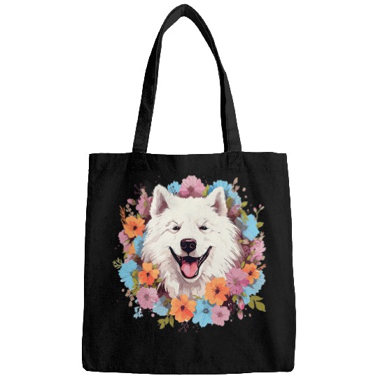 Samoyed Pet Dog Breed Pet Cute Graphic with Flowers Bags