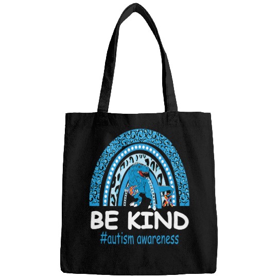 Autism Puzzle Dino Rainbow In April We Wear Blue Ribbon Dino Bags