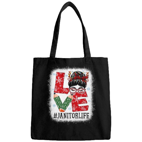 Janitor Love Christmas Woman Messy Bun Reindeer Buffalo Xmas Bags