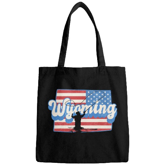 Fishing Fun Wyoming Fly Fishing USA American Flag Funny Fisherman Bags