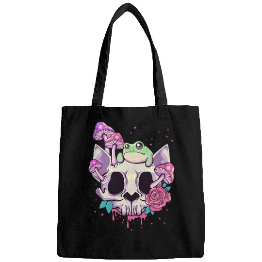 Frog Pet Pastel Goth Kawaii Frog On A Cat Skull with Mushroom Bags