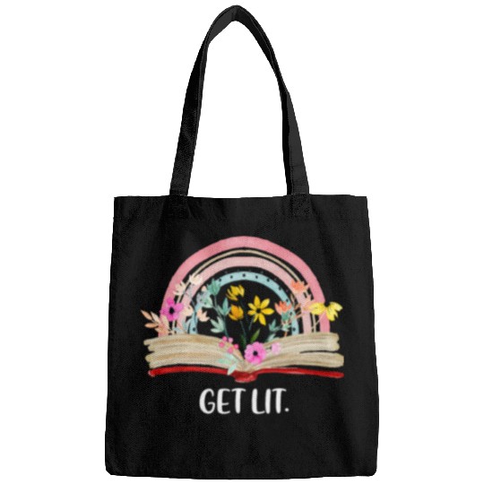 Book Fun Funny Bookworm Book Nerd Get Lit Book Flower Rainbow Reading Bags