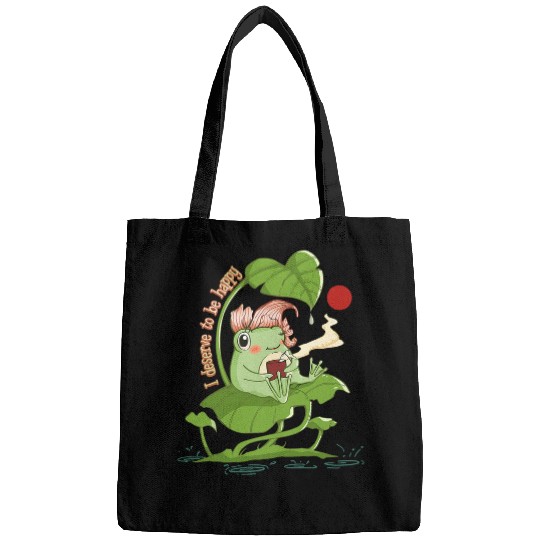 Frog Pet I Deserve to be Happy Frog Sitting on a Leaf Kawaii Toad Bags