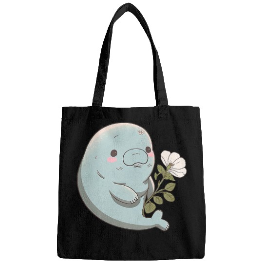 Manatee Pet Blushing Manatee Adorable Light Blue Manatee with a Flower Bags