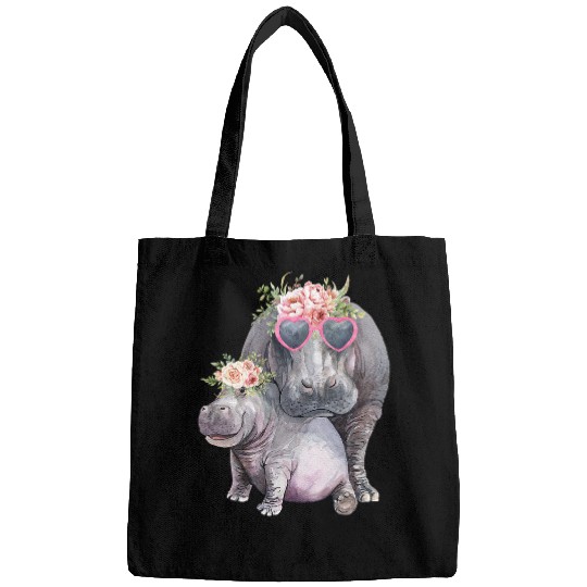 Hippo Pet Cute Hippo Mom Daughter Outfit Hippopotamus with sunglasses Bags