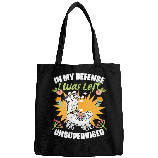 Llama Pet In My Defense I Was Left Unsupervised Funny Floral Llama Pun Bags