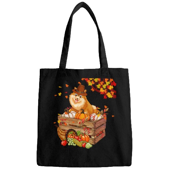 Pomeranian Pet With Pumpkins Thanksgiving Fall Leaves Owner Bags