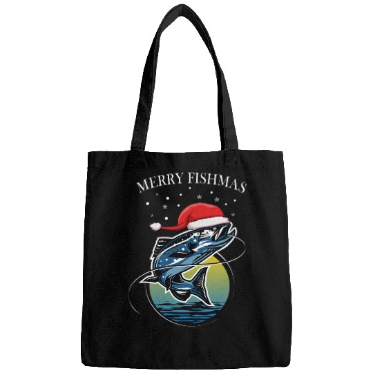 Fishing Fun merry fishmas funny christmas santa claus fishing tee Bags