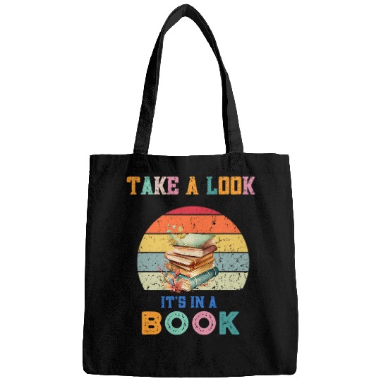 Book Fun Take a look its in a book retro rainbow reading librarian Bags