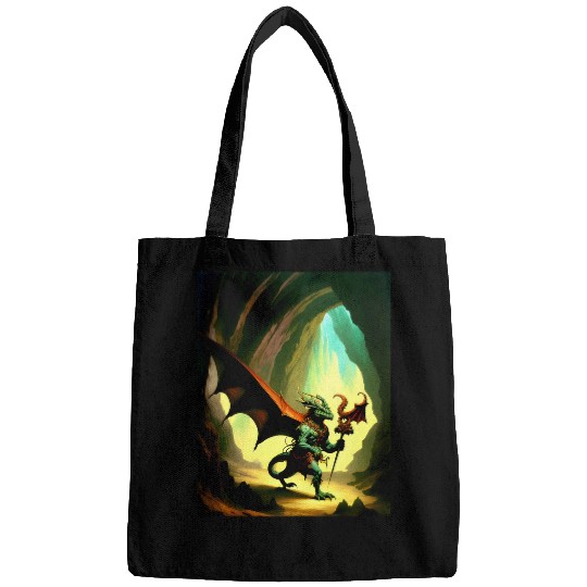 Dragon wizard exploring fantasy art dragons graphic Bags