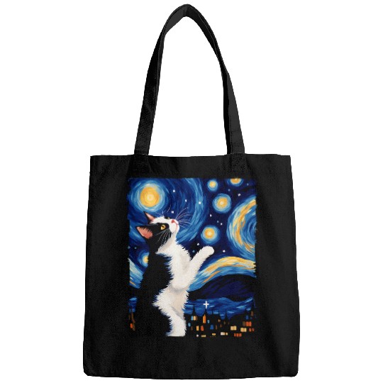 A Painting a Tuxedo Cat in The Starry Sky Cat Art Funny Bags