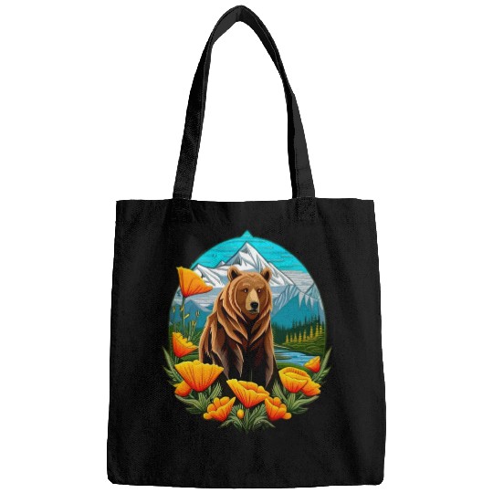 Bear Pet Bear In Mountain Landscape With Orange californias Poppies Bags