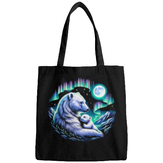 Bear Pet Mother and Baby Polar Bear Under Northern Lights and Moon Bags