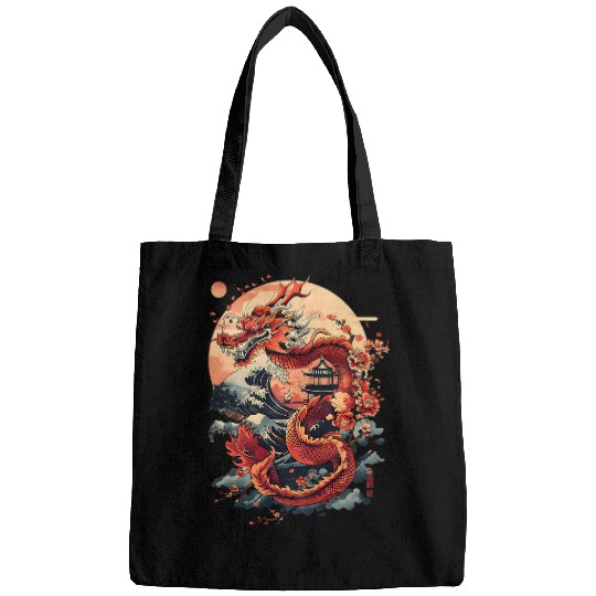 Dragon Pet Japanese art dragon vintages Ancient Samurai Cherry Blossom Bags