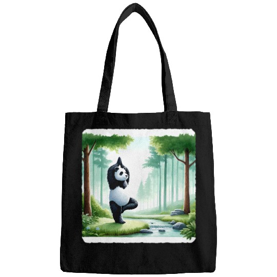 Panda Pet Practicing Yoga In A Forest Clearing Trees Stream Bags
