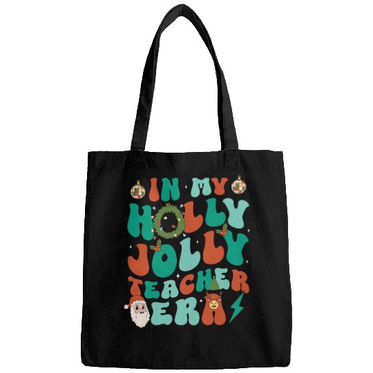 In My Holly xmass Jolly Teacher Era Retro Christmas Teacher Bags