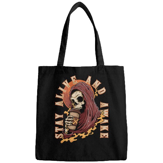 Coffee Fun Alive Awake Grim Reaper Skeletons Drinking Coffee Halloween Bags