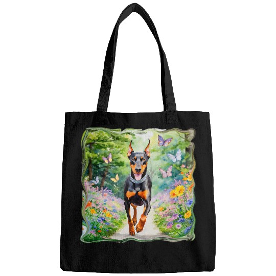 Beautiful Doberman Dog Running Down a Garden Path Bags