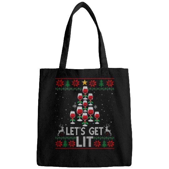 Wines Fun Lets Get Lit Wines Tree Funny Christmas Ugly xmass Sweater Bags