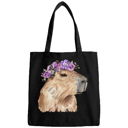 capybaras Pet Purple Flower Crown Capybaras Tee For Women Men Kids Bags
