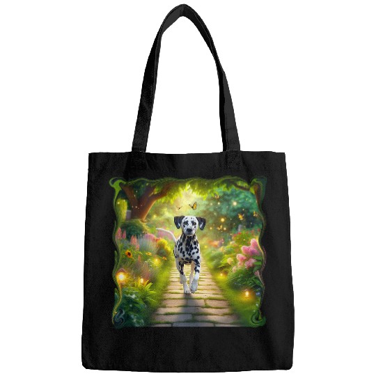 Beautiful Dalmatian Dog Running Down a Garden Path Bags