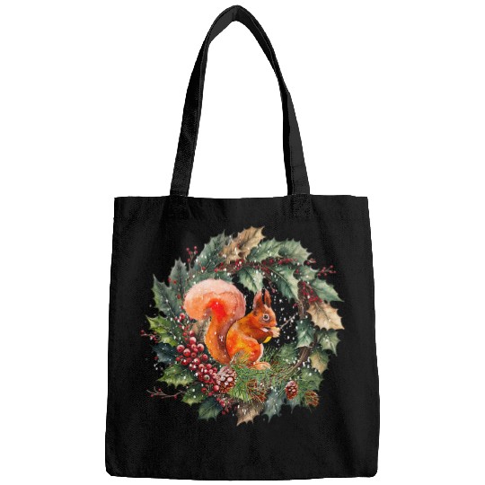 Squirrel Pet Christmas wreath design with Holly berries red squirrel Bags