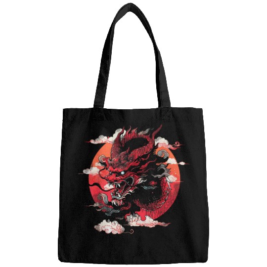 Dragon Pet Japanese Tokyo Dragon Red Moon Asian vintages Distressed Bags