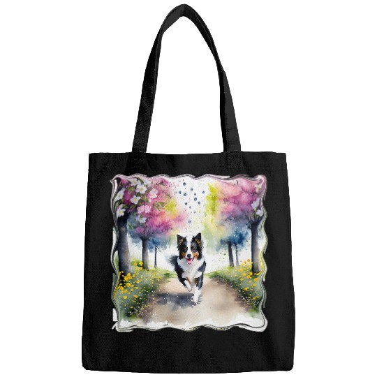 Beautiful Border Collie Dog Running Down a Garden Path Bags